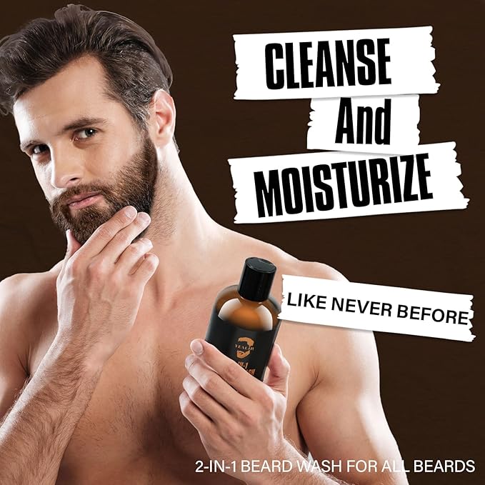 YEALIR 2-in-1 Beard Wash and Conditioner – Cleanse, Hydrate & Soften Dry, Coarse Beard, Beard Shampoo for a Fuller & Healthier Beard –Sandalwood Scent, 8.45 oz