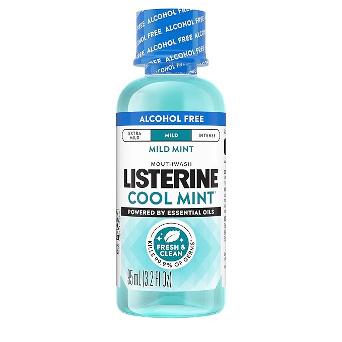 Listerine Cool Mint Alcohol-Free Mild Mouthwash, Oral Rinse Kills 99.9% of Germs that Cause Bad Breath, Less Intense Taste, Mild Mint Flavor, 3.2 fl. oz