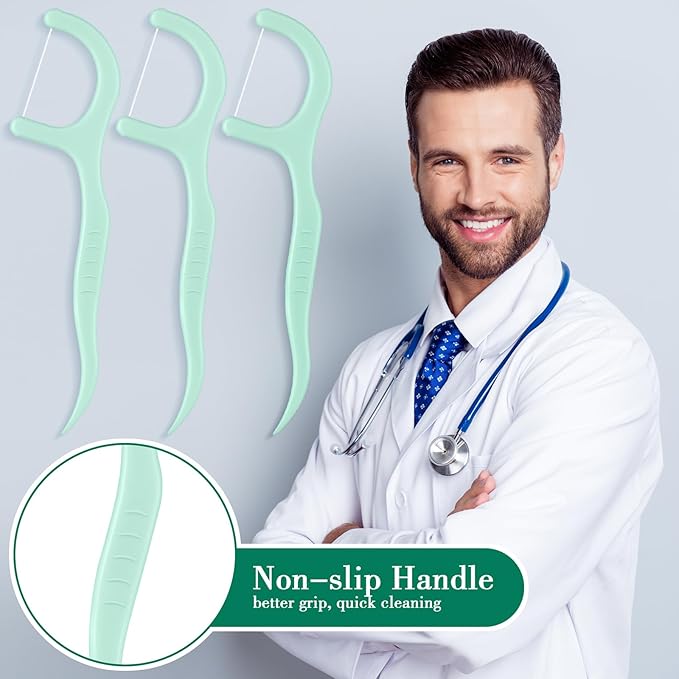 Baderke 200 Count Floss Picks Bulk Non Breakable Tooth Picks Flosser Dental Floss Sticks for Adults Teeth Cleaning Dental Flossers for Family Pack Travel (Light Green)