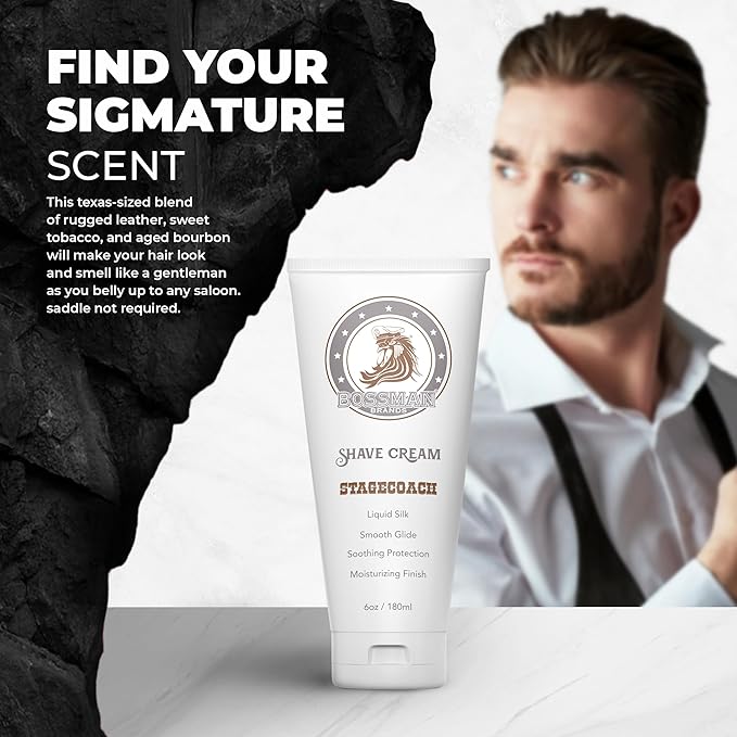 Bossman Liquid Silk Shave Cream for Men – Sensitive Skin Formula, Smooth Glide, & Soothing Protection – Moisturizing Finish (Stagecoach Scent)