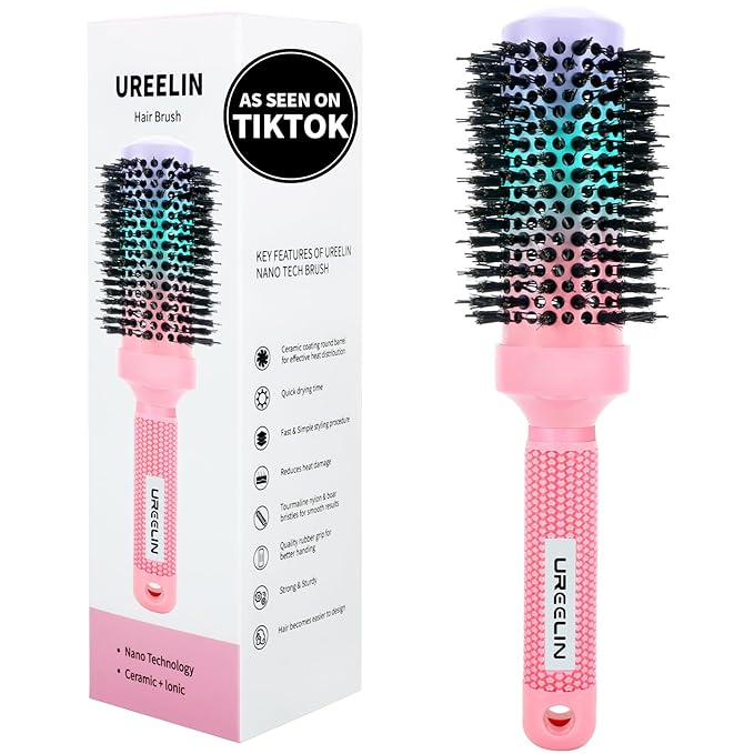 Round Brush for Blow Out - 1.7 Inch Nano Thermal Ceramic & Ionic with Boar Bristles - Salon Blow Drying Hair Brush for Drying,Volumizing, Curling, Shine & Smooth Styling