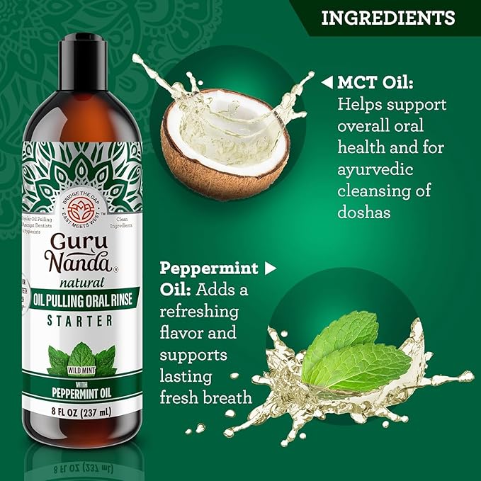 GuruNanda Starter Pulling Oil Mouthwash for Natural Teeth Whitening, Coconut and Peppermint Oil for Fresh Breath & Happy Gums, Alcohol-Free, 8 Oz (Pack of 2)