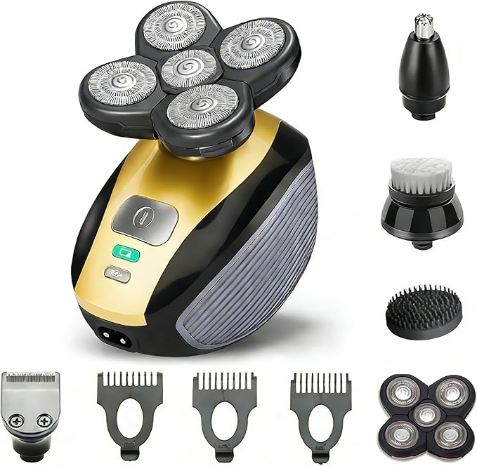 5 in 1 Head Shavers for Bald Men, Skull Head Shaver with Rechargeable Battery, Electric Razor, Hair Clippers, Nose Hair Trimmer, Cleaning Brush, Hair Manager, Idea Gift for Men(Yellow)