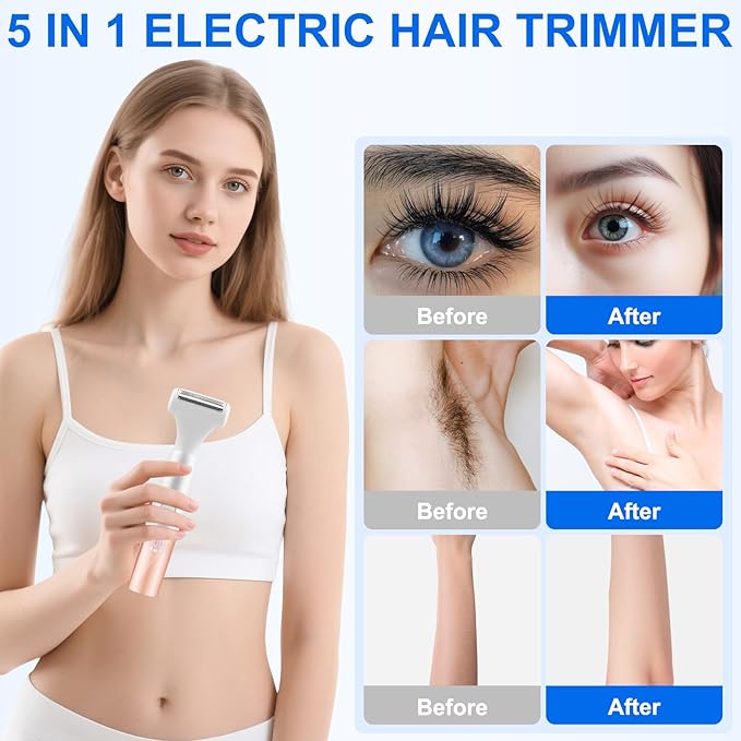 5-in-1 Bikini Trimmer Electric Razors for Women, Cordless Electric Shaver with LCD Display for Facial Body Legs Hair, Rechargeable Waterproof Pubic Body Hair Trimmer Birthday Christmas Gifts for Women