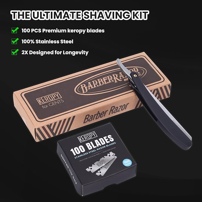 Professional Barber Straight Razor for Men, Single Blade Straight Edge Razor for Close Shaving and Beard Shaping, Shavette Kit with 100 Blades - Ultimate Men's Grooming & Shaving Gift Set