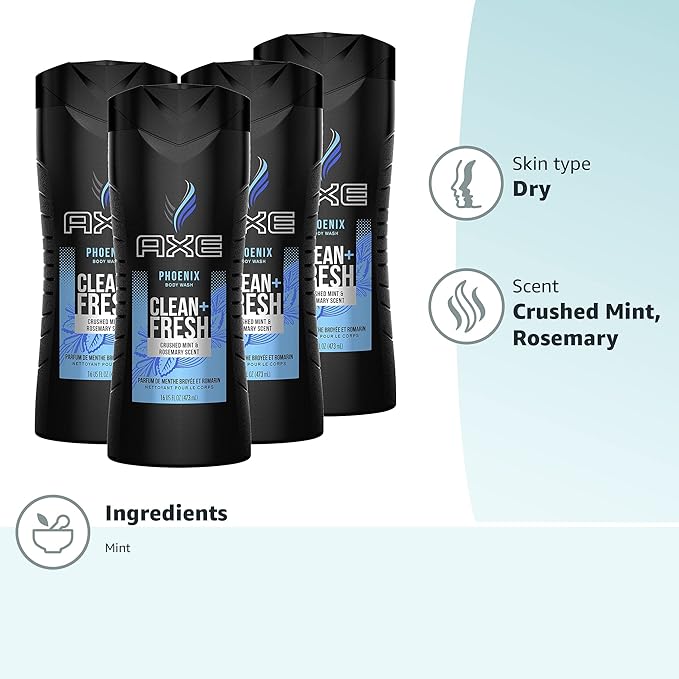 AXE Body Wash Phoenix 4 Count 12h Refreshing Scent Crushed Mint & Rosemary Men's Body Wash with 100% Plant-Based Moisturizers 16 oz