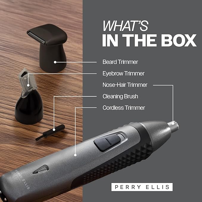Perry Ellis 3-in-1 Ear, Nose, and Facial Hair Trimmer, Cordless Trimmer with 3 Detachable Heads, Hair Shaver with Antislip Design, Rechargeable with Charging Cable