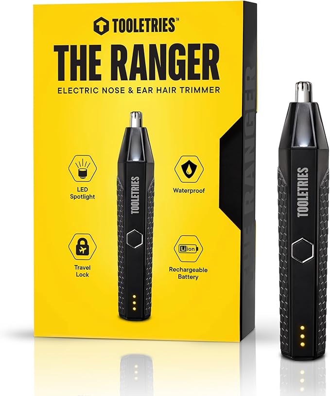 TOOLETRIES The Ranger - Electric Nose & Ear Hair Trimmer for Men, Wet/Dry Nose Clippers with Stainless Steel Blades, Waterproof, Rechargeable Li-Ion Battery, LED Spotlight, Travel Lock - Black