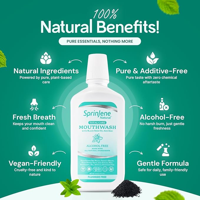 SprinJene Alcohol Free Mouthwash with Xylitol – Fluoride Free Natural Mouthwash for Dry Mouth, Whitening & Fresh Breath – Patented Black Seed Oil & Zinc Formula – Vegan & Made in The USA (2 Pack)