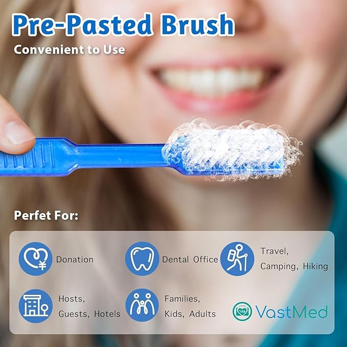 100 Pcs Disposable Pre-Pasted Toothbrushes Individually Wrapped Pre Pasted Toothbrush | Single Use Waterless Tooth Brush for Hotel, Camping, Homeless Gift | Multi Color