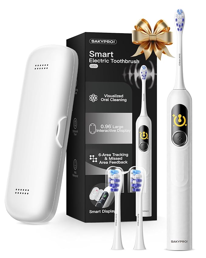 AI Electric Toothbrush with Smart Display for Adults Kids | 150-Day Rechargeable Toothbrush, Real-Time Map |3-Min Timer, Travel Case | Teens Sonic Toothbrush Gift (G5S White)