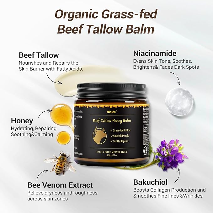 Tallow and Honey Balm, Beef Tallow for Skin, Tallow Face Moisturizer with 100% Organic Grass-Fed Beef Tallow & Raw Wild Honey, Natural Formula for Face & Body for Men Women, 4.2 Fl Oz (Pack of 1)-120g