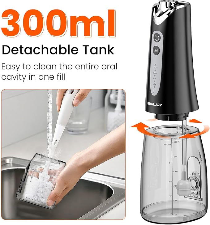 Water Dental Flosser Pick for Teeth - 300ML Portable Cordless Oral Irrigator, Rechargeable Irrigation Cleaner Professional Electric Flossing Machine for Teeth Cleaning Power Flosser Travel (Black)
