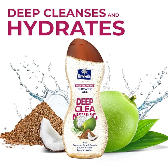 Parachute Advansed Shower Gel with Coconut Shell Beads & 100% Natural Coconut Water| Hydrates | Gentle| 100% Soap Free|8.4 Fl oz