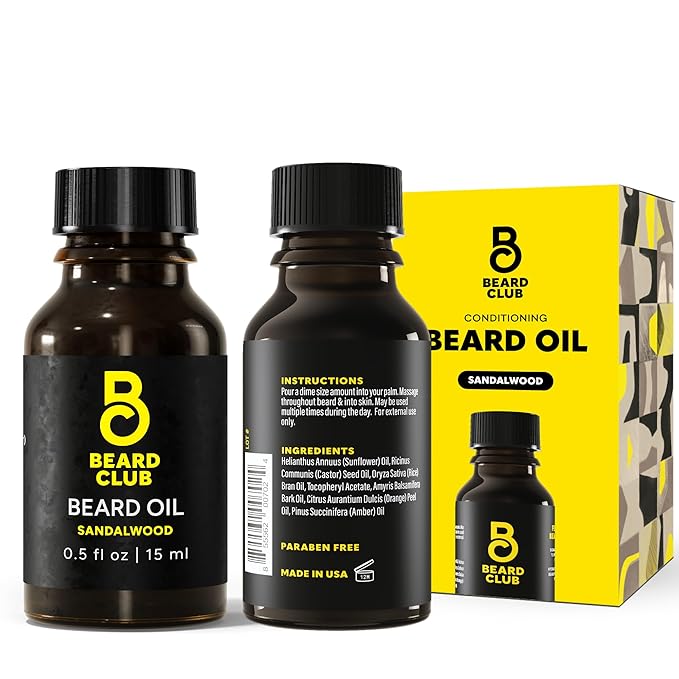 The Beard Club Premium Sandalwood Beard Oil for Men - Natural Castor & Sunflower Seed Oils - Beard & Mustache Conditioner - Hydrates, Moisturizes & Soothes Dry Skin - Strengthens Hair Follicles