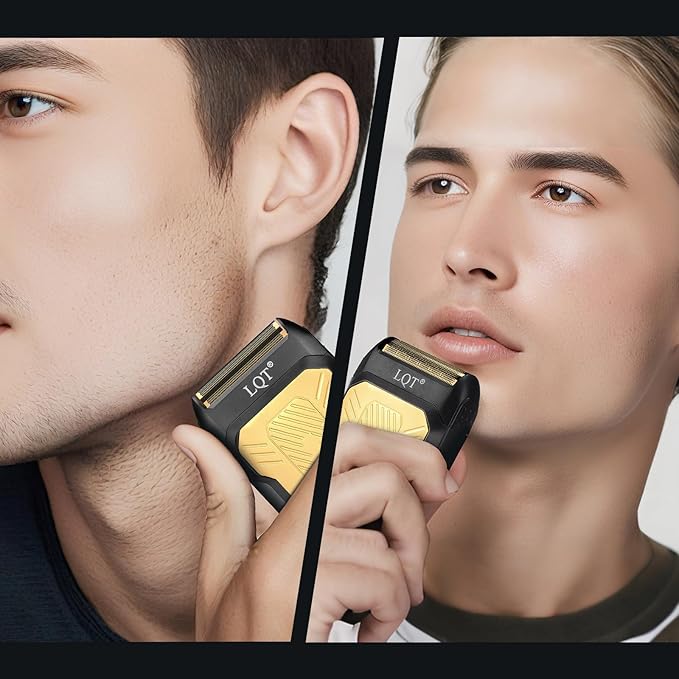 LQTⓇ Mini Foil Shaver, Portable Cordless Electric Shaver for Men, Equipped with a Set of Replacement Heads, USB-C Charging Cable, and Cleaning Brush, Suitable for Travel and Home use. (Golden)