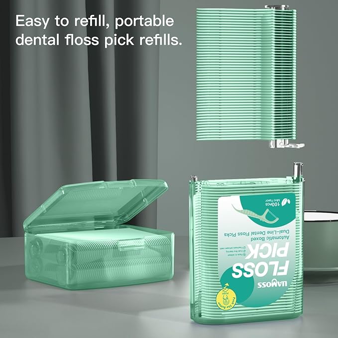 Dental Floss Picks with Dental Floss Dispenser,300 Count Extra Twin Line Mint Flavor Unbreakable & No-Shred Toothpicks Sticks,Superclean Up Teeth(Green)