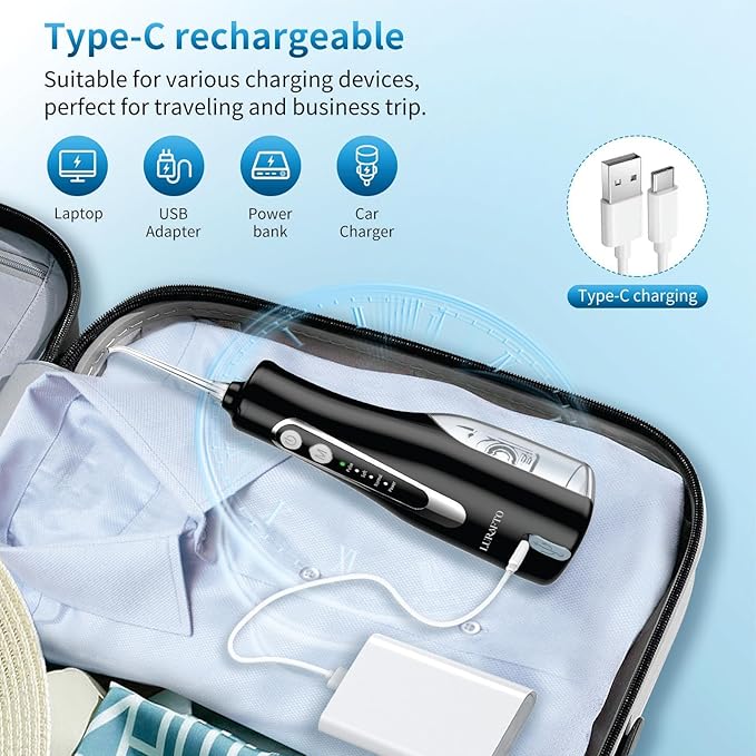 Black Cordless Water Flosser for Teeth | Portable Oral Irrigator with 4 Modes | IPX7 Waterproof, Rechargeable, 300ml Water Tank for Everyday Oral Care & Travel