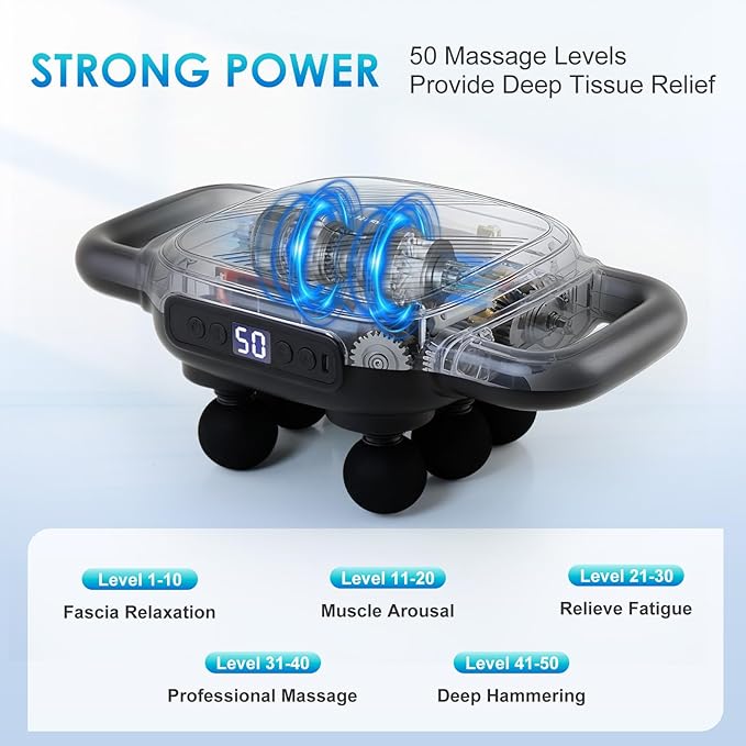 6 Head Massage Gun - Deep Tissue Massage Gun with 50 Adjustable Intensities & 9 Modes, Electric Percussion Massage Tool for Back, Leg, Muscle Pain Relief, Ideal Gifts for Friends and Parents