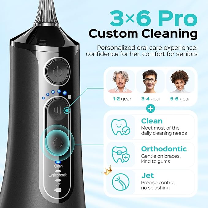 COSLUS C51 Portable Water Flosser for Teeth: 3 Modes & 6 Pressure Settings with Jet Mode Water Dental Pick for Orthodontic, Braces, Sensitive Gums, Compact for Travel, 300ML for Multiple Users, Black