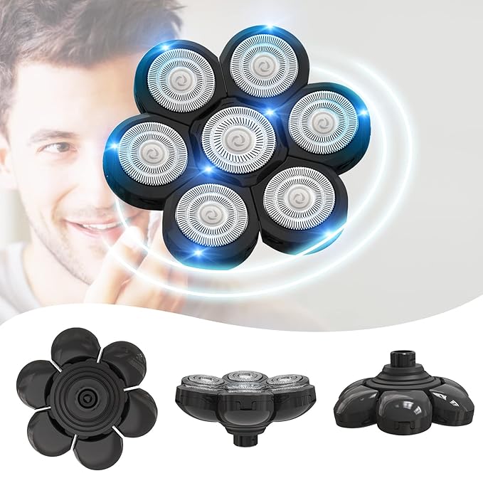Electric Shaver Replacement Heads 7D - 7 Replacement Blades Head Razor Heads Universal Stainless Steel Rotary Blade for Bald Head Razor for Men (7 Heads Black)