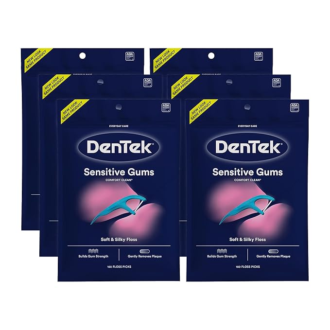 DenTek Comfort Clean Sensitive Gums Floss Picks, Soft & Silky Ribbon, 150 Count, 6 Pack (Blue)