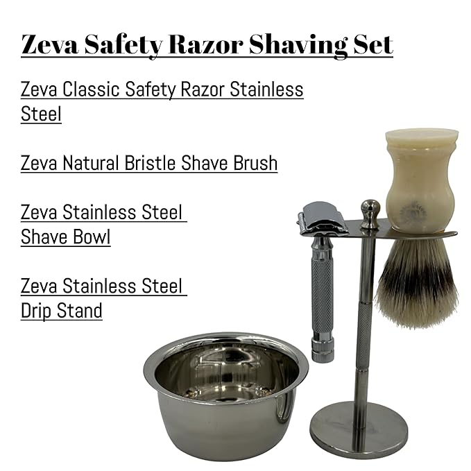 Men Safety Razor Shaving Gift Kit | Vintage Wet Shave Grooming Set for Men - Includes: Safety Razor, Hair Shaving Brush, Drip Shave Stand, Shave Soap, Bowl & Double Edge Razor Blades (White)