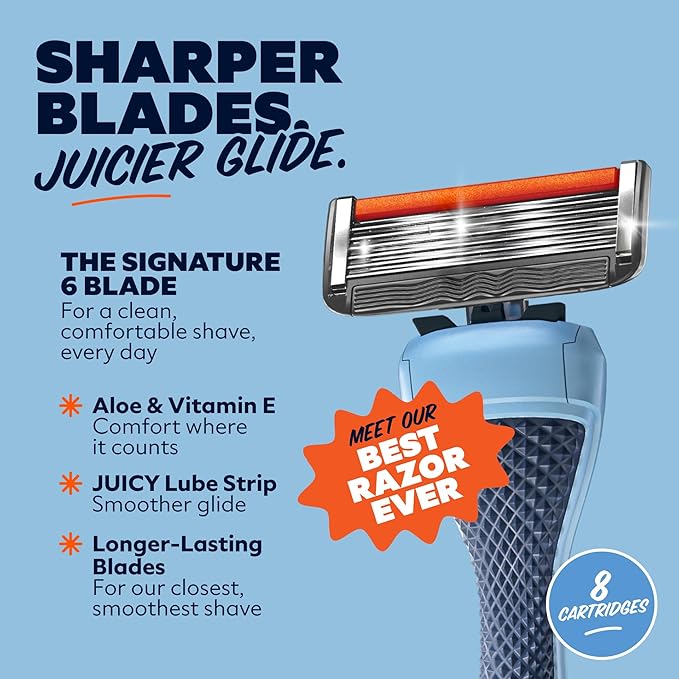 Dollar Shave Club | 6 Blade Razor Refills (8 Pack) | 6 Stainless Steel Blades for a Close & Comfortable Shave, 1 One Wipe Charlies