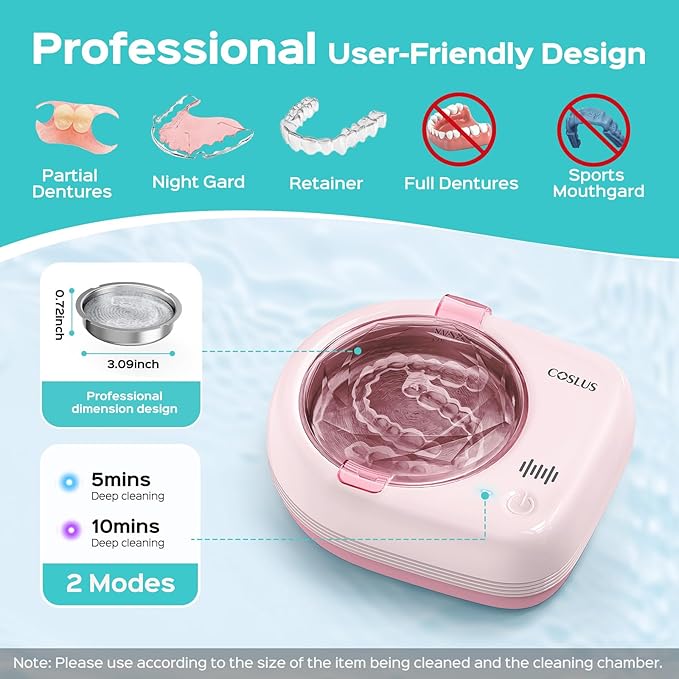 COSLUS Sonic Retainer Cleaner Machine: Cordless Professional Dental Cleaning Pod for Retainer, Aligner, Night Guard Deep Cleaning - Rechargeable Mini Travel Design, Quiet for Home Use with Timer