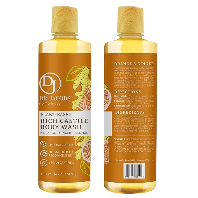 Dr. Jacobs Naturals Pure Castile Soap Liquid Body Wash, Orange & Ginger - Plant Based Soap Infused with Vitamin E & Aloe Vera to Moisturize Dry and Sensitive Skin - Made in The USA - 16 oz, Pack of 2