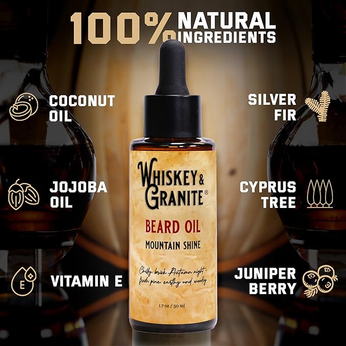 Whiskey & Granite Beard Oil – Made in USA - 100% Natural Beard Conditioner, 1.7 oz (Mountain Shine)