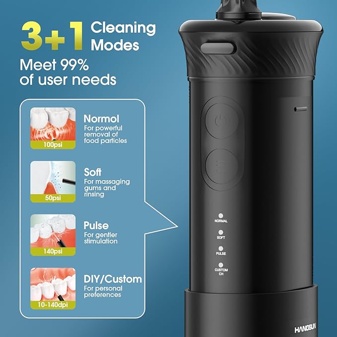 HANGSUN Water Flosser for Teeth - Portable Travel Cordless, 30 Days Battery, Deep Plaque Removal, 4 Adjustable Modes, 6 Nozzles for Sensitive Gums & Braces, IPX7, Telescopic 180ml Tank, Black