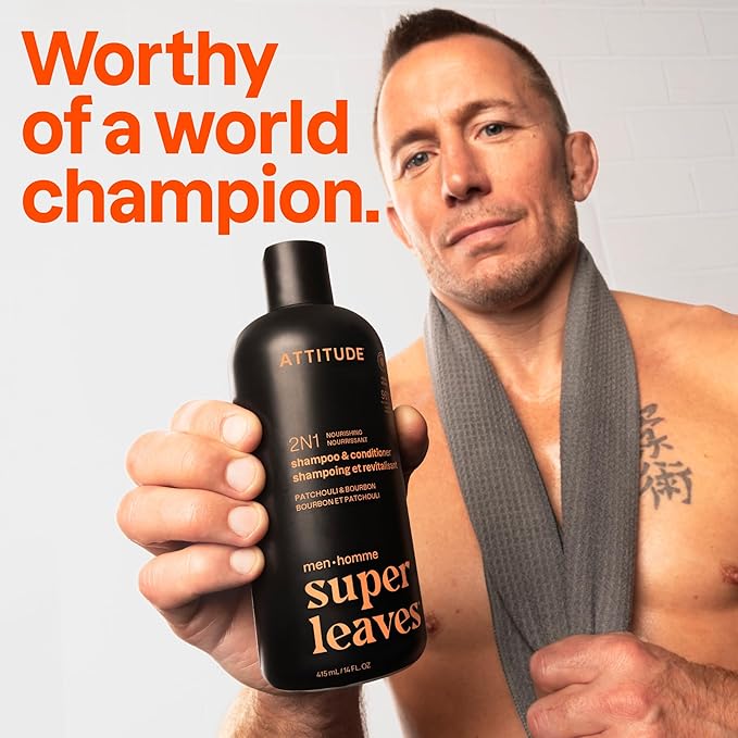 ATTITUDE Men's Shampoo and Conditioner 2-in-1, Nourishing For Dry Hair and Scalp, With Panthenol and Ginseng, 97% Natural Origin Ingredients, EWG Verified, Patchouli & Bourbon, 14 Fl Oz (Pack of 3)