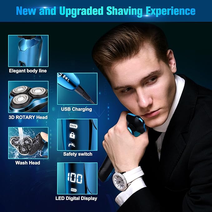 Electric Shavers for Men, Electric Razor for Men Cordless Rechargeable 3D Rotary Bald Head Shaver, Wet/Dry Mens Shaver, Waterproof Mens Razor for Shaving, Gifts for Husband, Dad, Boyfriend (Blue)