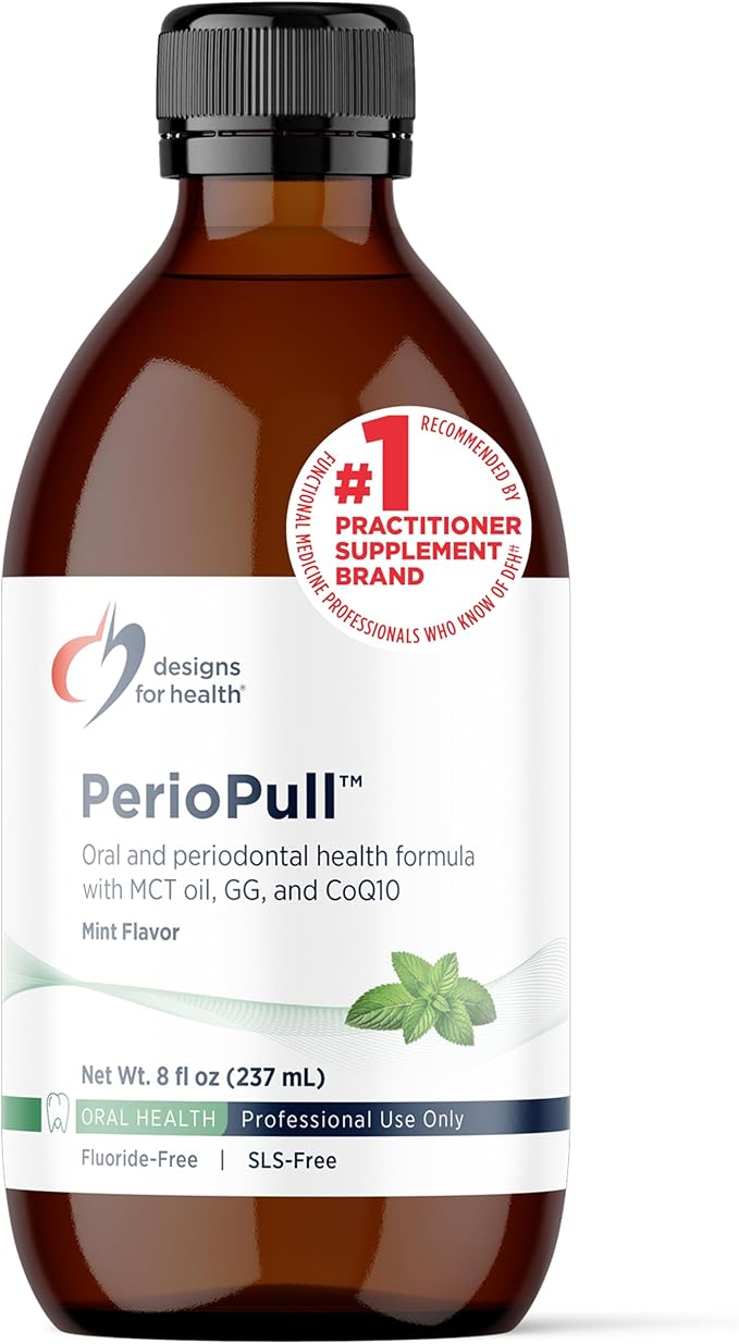 Designs for Health PerioPull - Pulling Oil for Teeth and Gums, Fresh Breath - Oil Pull with MCT Coconut Oil, GG, Bromelain & Coenzyme Q10 to Support Oral Health - Fresh Mint Flavor Oral Rinse (8oz)