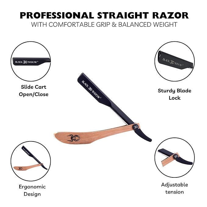 Black Widow Straight Razors for Men - Professional Barber Straight Edge Razor Kit with 10 Blades, Wooden Stainless Steel Barbero Shaver for a Smooth & Premium Barber Razor for Men's Shaving