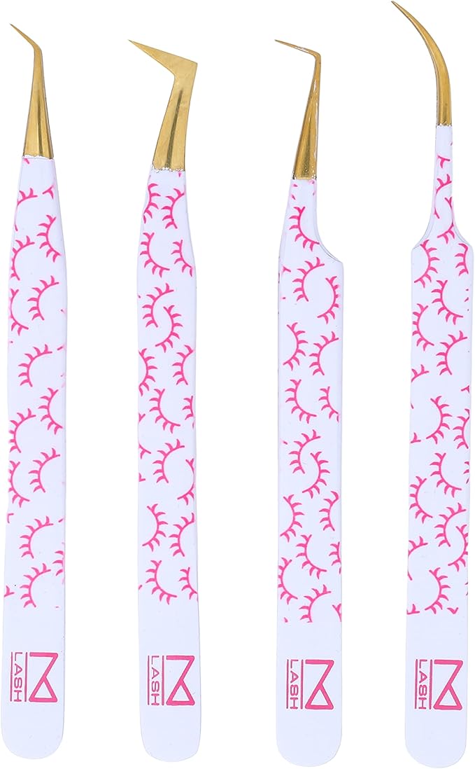 M LASH Tweezers for Eyelash Extensions (Set of 4) - Professional Lash Extension Tweezers - Fiber Tip, Japanese Steel, Diamond Grip Eyelash Extension Tweezer set (F-SET)