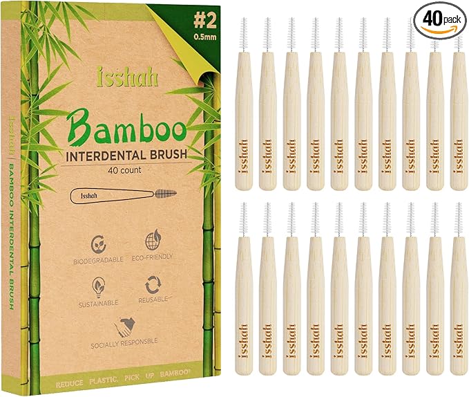 Biodegradable Bamboo Handle Interdental Brushes Between Teeth Cleaner Deep Clean Toothpick, FSC Certified and PETA Approved, Size 2 (0.5mm), 40 Count