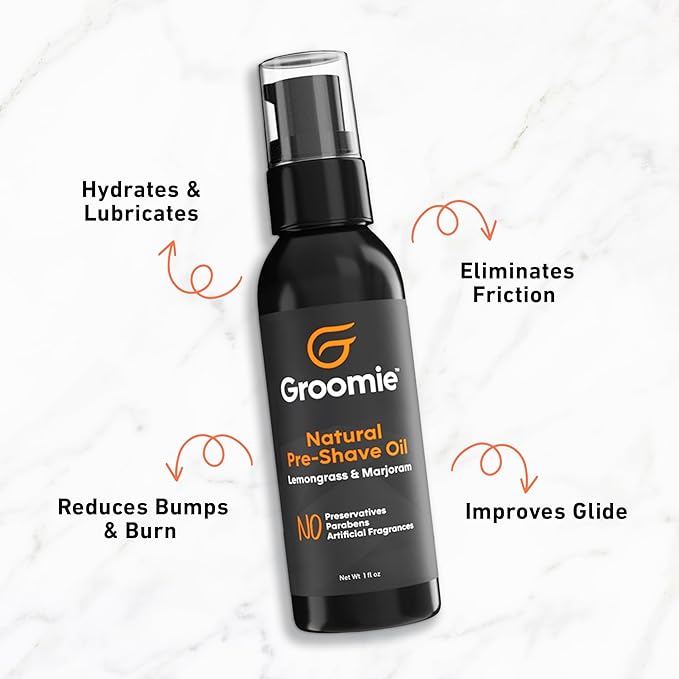 GROOMIE Natural Pre-Shave Oil for Bald Headed Men and Women | Specially Formulated Plant Based Recipe with Milk Thistle Seed, Essential Oils, Antioxidants, and Vitamin E | Promotes Close Shave -1 OZ