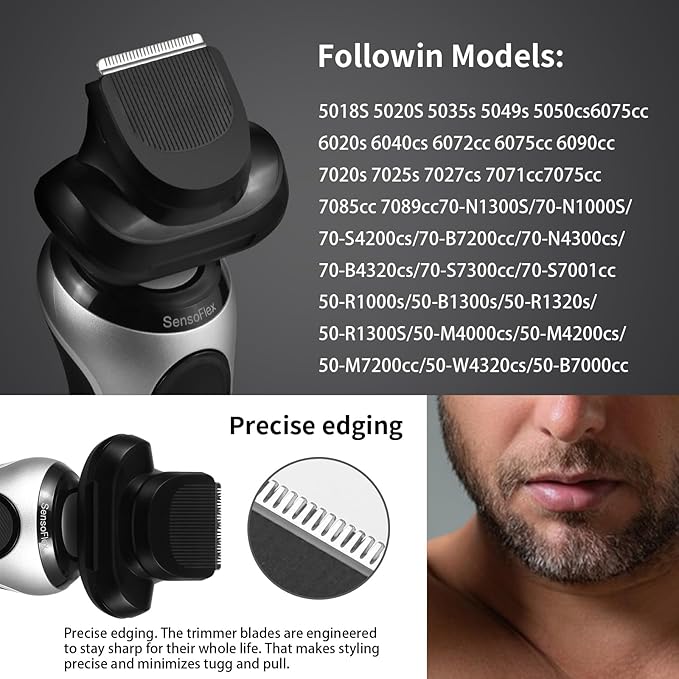 Beard Trimmer Attachment for Braun Series 5, 6 and 7 Electric Razors - 1 Replaement Trimmer Head + 5 Combs for Shaver 5018s, 5020s, 5050cs, 6075cc, 6020s, 6072cc, 7071cc, 7075cc, 7085cc, 7020s, 7027cs