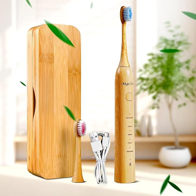 Sonic Electric Bamboo Toothbrush for Adults -5 Adjustable Cleaning Modes -Includes 2 Bamboo Heads with Castor Oil Bristles - Upgraded IPX7 Waterprood -Convenient Charging & Travel Case