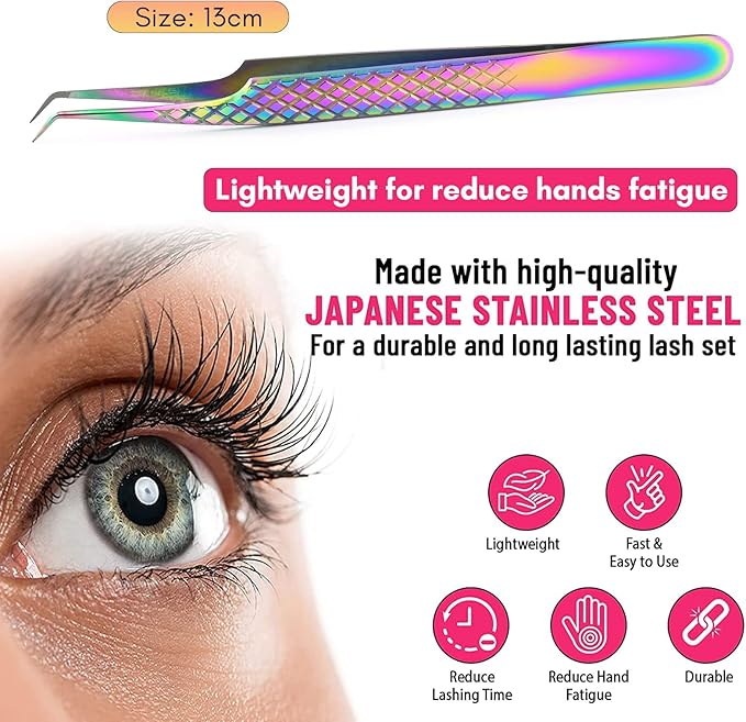 My Lash Tools Fiber Tip Lash Tweezers for Eyelash Extension Curved 45 Degree Angled Tweezer Best for Volume, Individual Isolation & Classic Lashes Stainless Steel Lash Supplies (Rainbow)