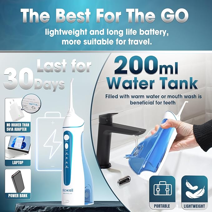 Nicwell Water Dental Flosser Pick for Teeth: 4 Modes Cordless Portable Rechargeable Oral Irrigator IPX7 Waterproof Cleaner Pik Deep Cleaning Flossing Pic Machine for Home Travel