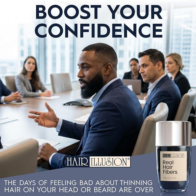 Hair Illusion Black Real Hair Fibers for Thinning Hair - 100% Natural Texture, Non Synthetic Hair Fibers - Bald Spot Cover Up for Women & Men - 18 Gram