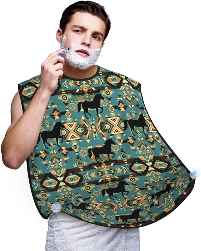 Beard Shaving Cape with Suction Cups, Traditional Symbols Tribal Ethnic Horses Shave Bib, Non-Stick Waterproof Hair Catcher, Grooming Bib for Men Husband