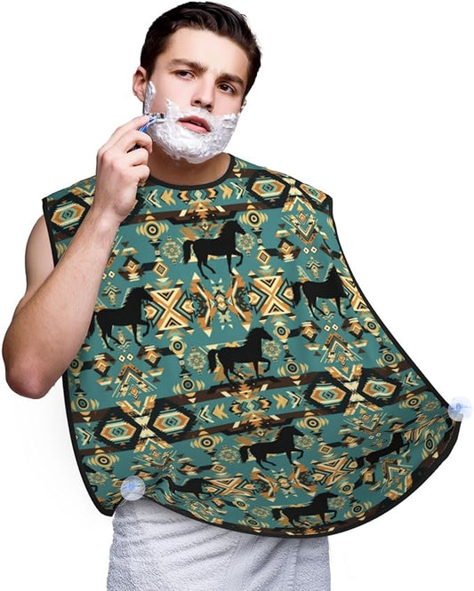 Beard Shaving Cape with Suction Cups, Traditional Symbols Tribal Ethnic Horses Shave Bib, Non-Stick Waterproof Hair Catcher, Grooming Bib for Men Husband
