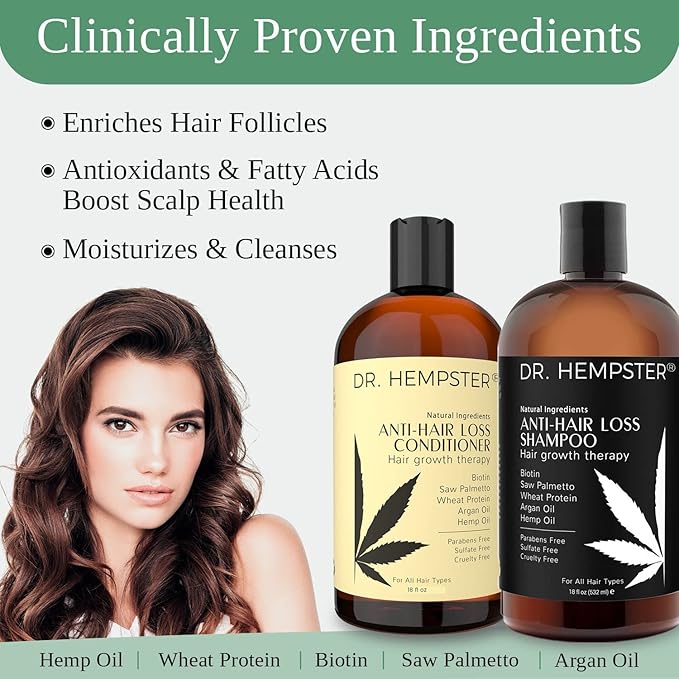 Hair Growth Shampoo and Conditioner Set for Thinning Hair and Hair Loss for Men and Women 17 oz - Hemp Oil, Biotin, Natural and Organic Ingredients - Hair Thickening and Volumizing