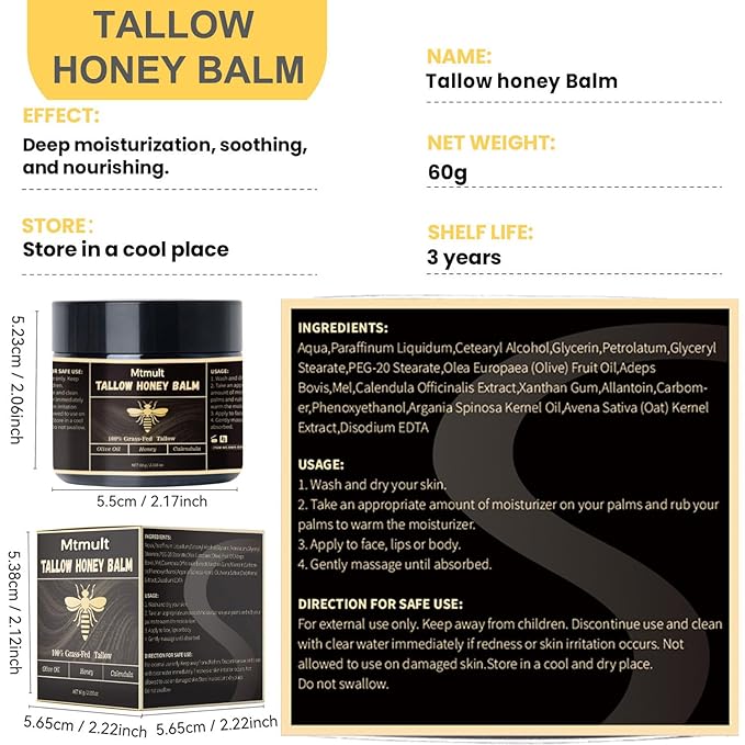 Mtmult Beef Tallow for Skin - Tallow and Honey Balm for Face, Hydrating with Grass-Fed Beef Tallow, Raw Honey & Beeswax | Beef Tallow for Face & Body Tallowyn Skin Balm