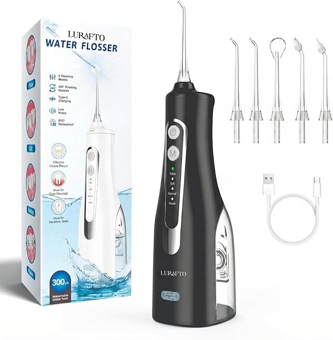 Black Cordless Water Flosser for Teeth | Portable Oral Irrigator with 4 Modes | IPX7 Waterproof, Rechargeable, 300ml Water Tank for Everyday Oral Care & Travel