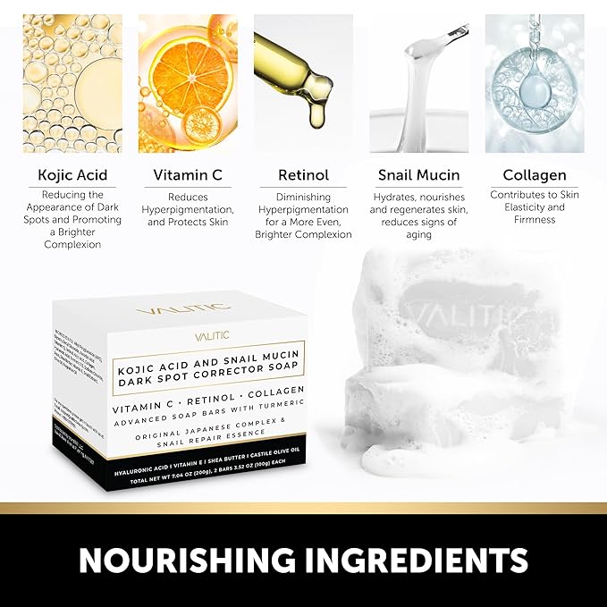 VALITIC Snail Mucin Cleanser Soap Bar with Turmeric and Kojic Acid Dark Spot Corrector – Anti Aging and Purifying Skin Care Snail Secretion for Intense Hydration and Moisturization – 2 Pack